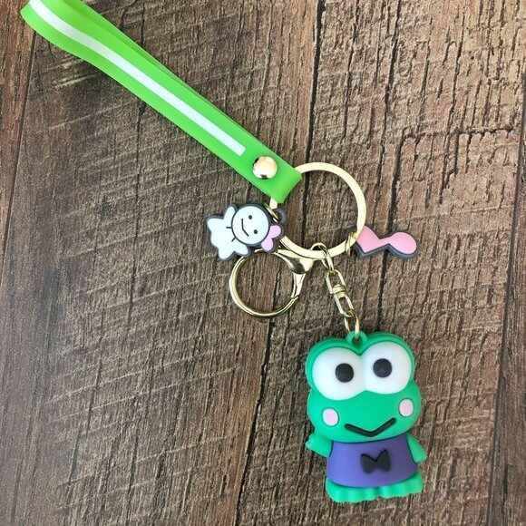 Sanrio Keroppi Green Hello Kitty Keychain with Wristband, Hook and 2 Charms - Picture 1 of 2